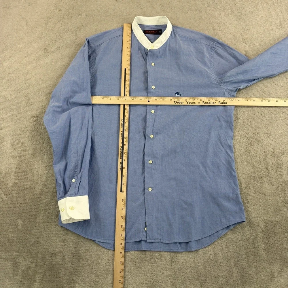 ETRO Chest Logo Mandarin Blade Collar Dress Shirt 41 Blue Contrast Cuffs Italy